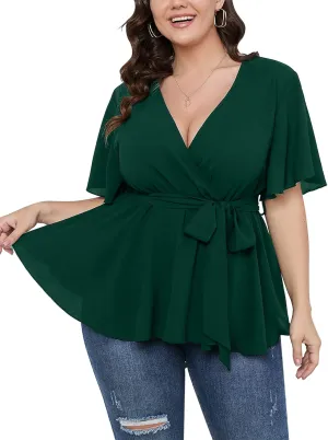 SCOMCHIC Women's Plus Size Short Sleeve V Neck Wrap Belted Ruffle Peplum Blouse Tops