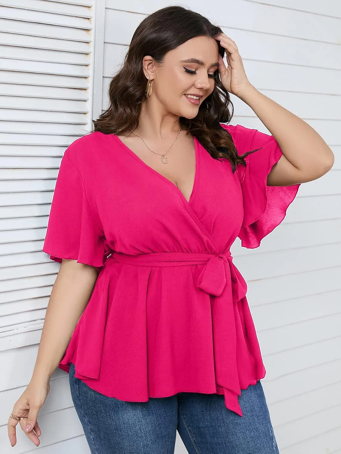 SCOMCHIC Women's Plus Size Short Sleeve V Neck Wrap Belted Ruffle Peplum Blouse Tops