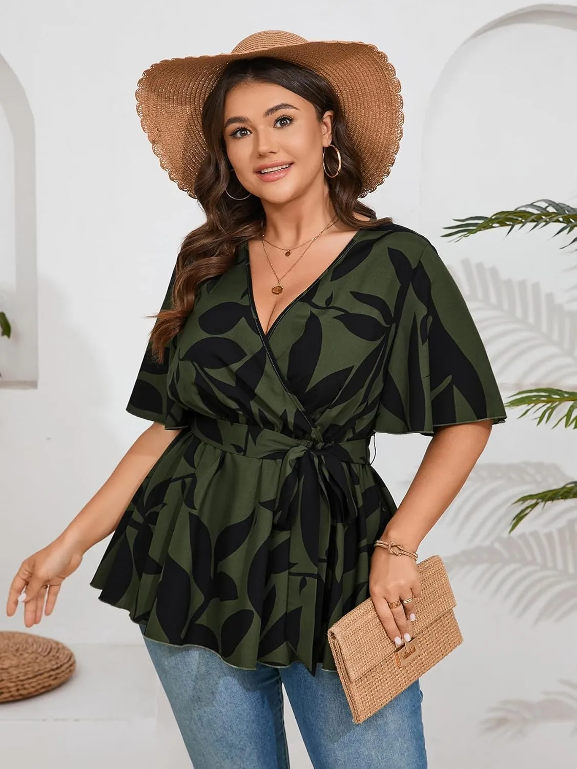 SCOMCHIC Women's Plus Size Short Sleeve V Neck Wrap Belted Ruffle Peplum Blouse Tops