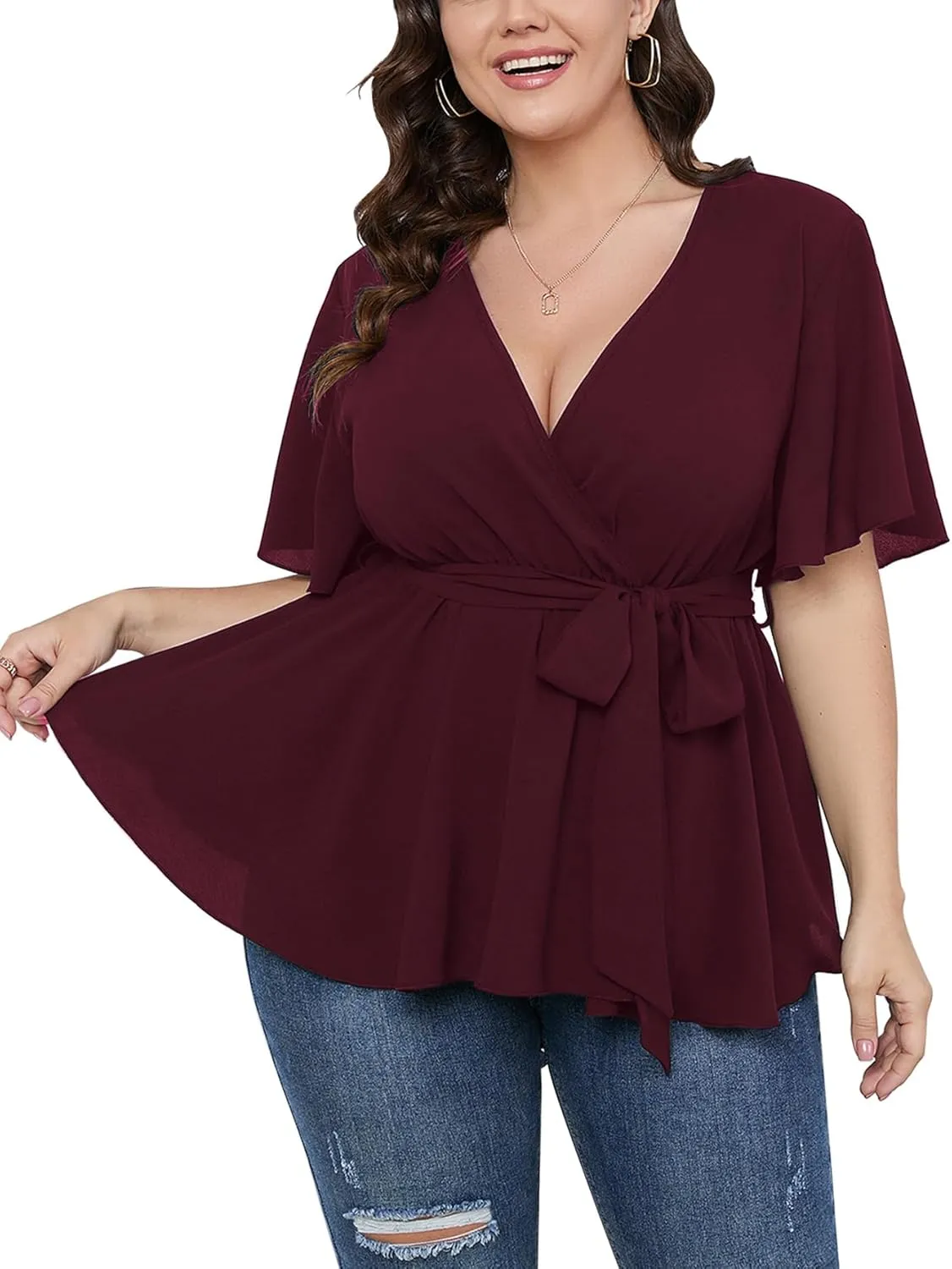 SCOMCHIC Women's Plus Size Short Sleeve V Neck Wrap Belted Ruffle Peplum Blouse Tops