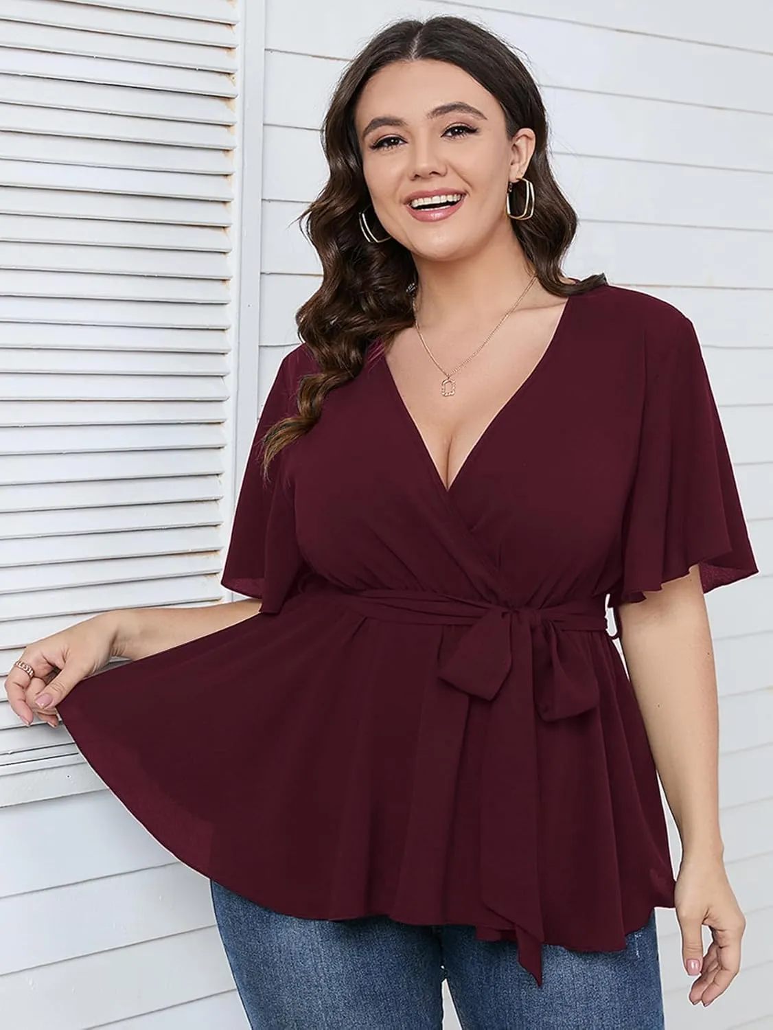 SCOMCHIC Women's Plus Size Short Sleeve V Neck Wrap Belted Ruffle Peplum Blouse Tops
