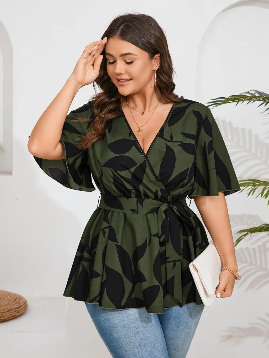 SCOMCHIC Women's Plus Size Short Sleeve V Neck Wrap Belted Ruffle Peplum Blouse Tops