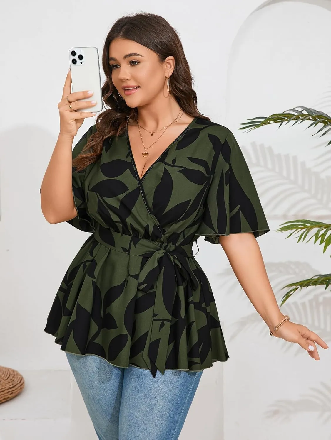 SCOMCHIC Women's Plus Size Short Sleeve V Neck Wrap Belted Ruffle Peplum Blouse Tops