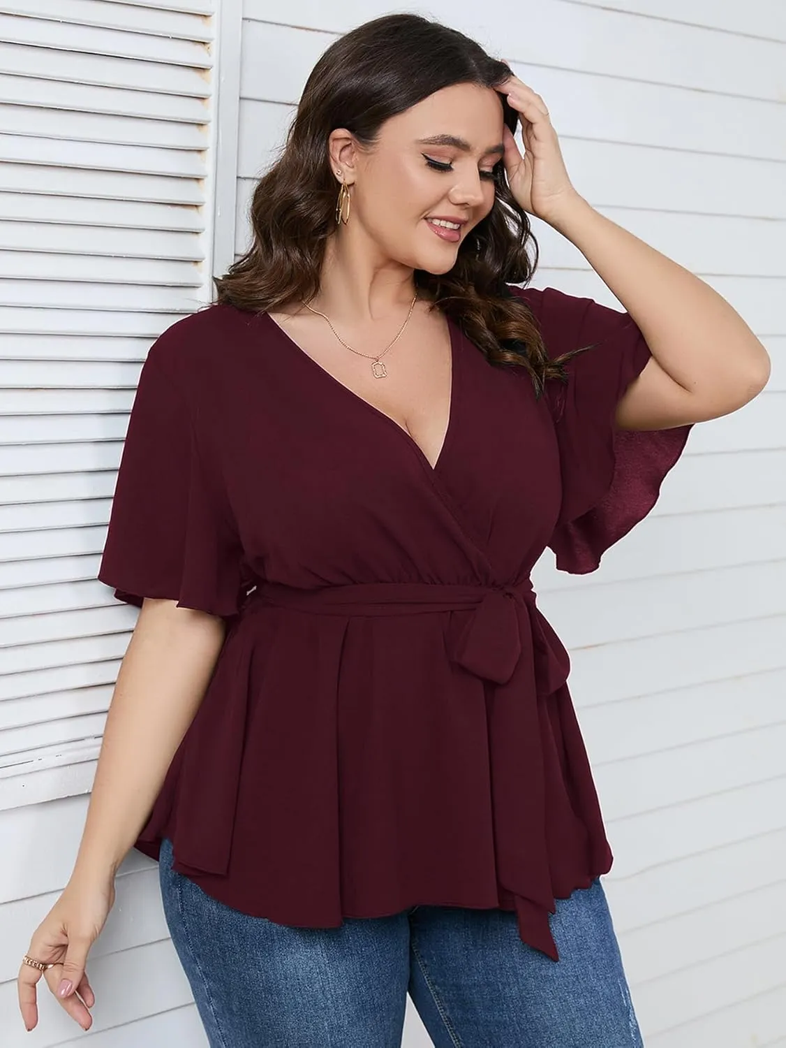 SCOMCHIC Women's Plus Size Short Sleeve V Neck Wrap Belted Ruffle Peplum Blouse Tops