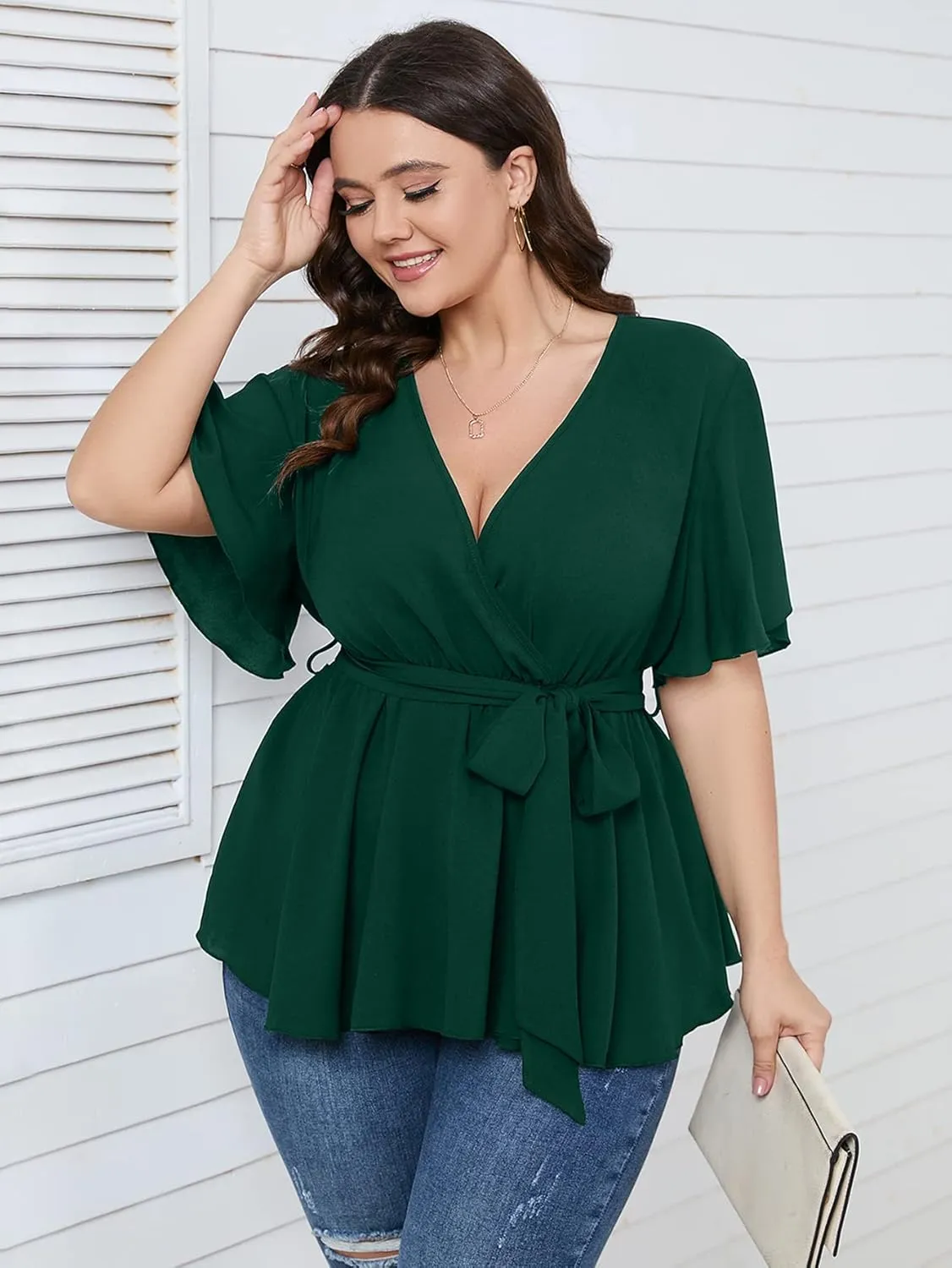 SCOMCHIC Women's Plus Size Short Sleeve V Neck Wrap Belted Ruffle Peplum Blouse Tops
