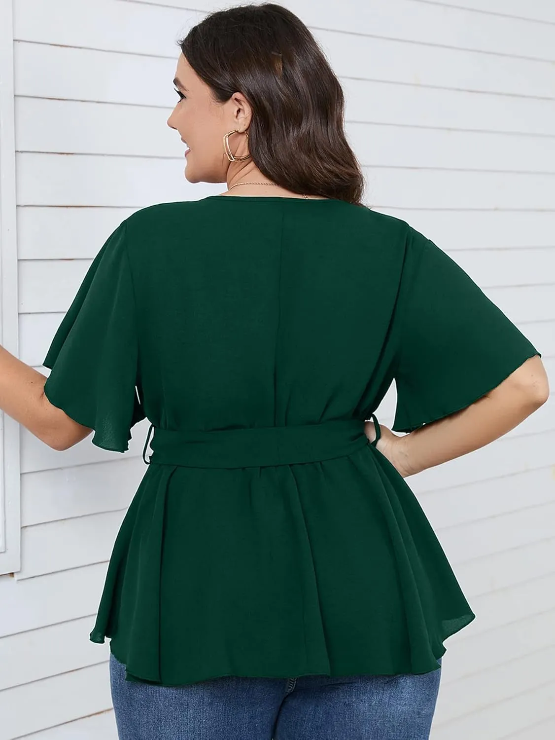 SCOMCHIC Women's Plus Size Short Sleeve V Neck Wrap Belted Ruffle Peplum Blouse Tops