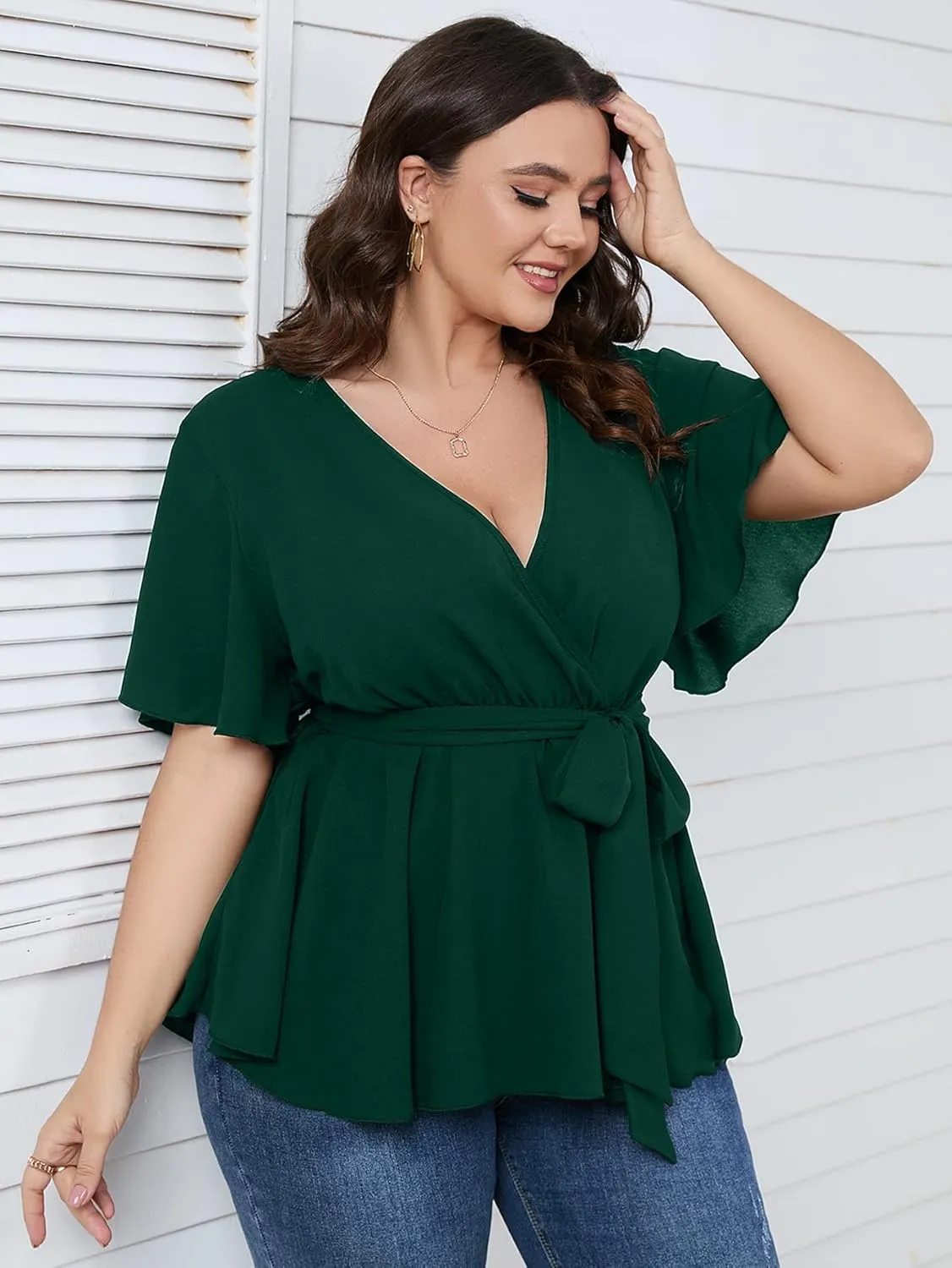 SCOMCHIC Women's Plus Size Short Sleeve V Neck Wrap Belted Ruffle Peplum Blouse Tops