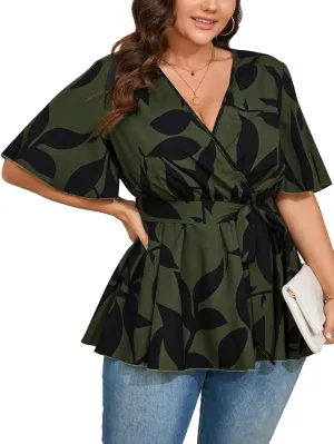 SCOMCHIC Women's Plus Size Short Sleeve V Neck Wrap Belted Ruffle Peplum Blouse Tops