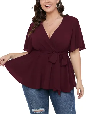 SCOMCHIC Women's Plus Size Short Sleeve V Neck Wrap Belted Ruffle Peplum Blouse Tops