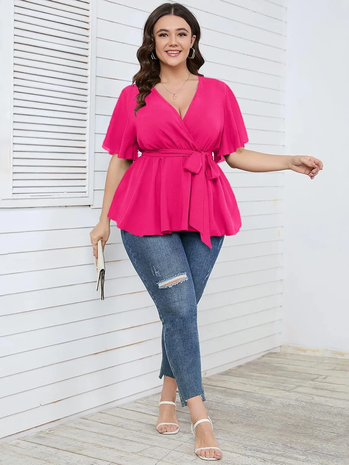 SCOMCHIC Women's Plus Size Short Sleeve V Neck Wrap Belted Ruffle Peplum Blouse Tops