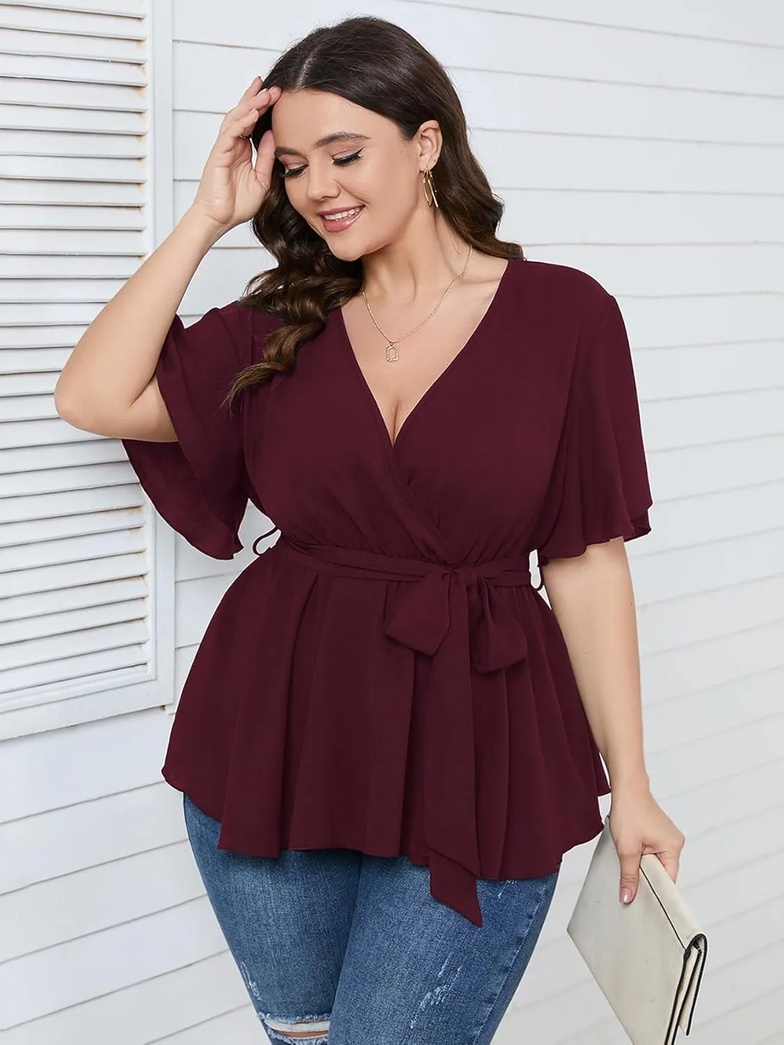 SCOMCHIC Women's Plus Size Short Sleeve V Neck Wrap Belted Ruffle Peplum Blouse Tops