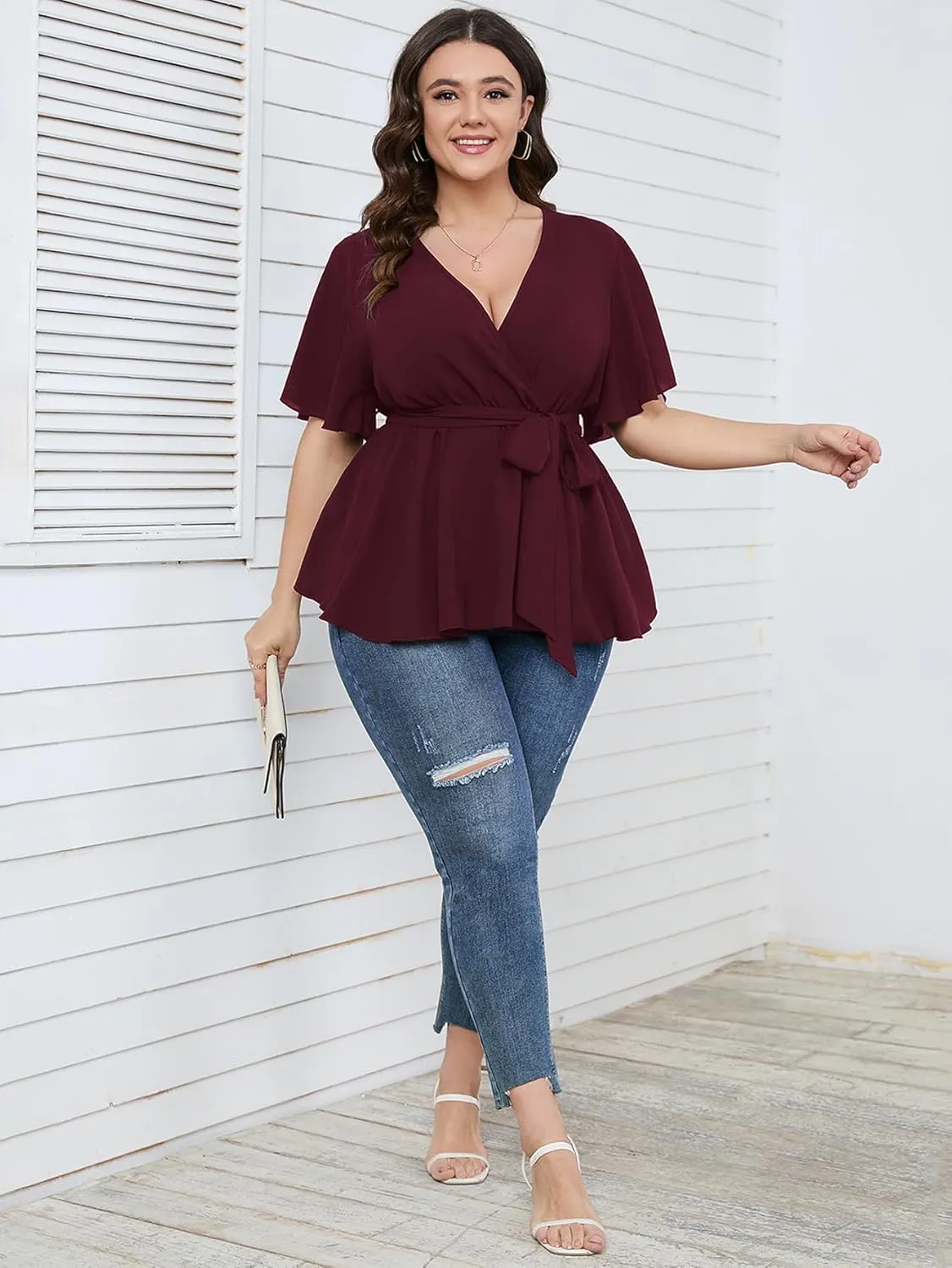 SCOMCHIC Women's Plus Size Short Sleeve V Neck Wrap Belted Ruffle Peplum Blouse Tops