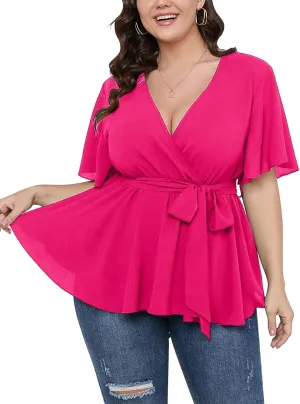 SCOMCHIC Women's Plus Size Short Sleeve V Neck Wrap Belted Ruffle Peplum Blouse Tops