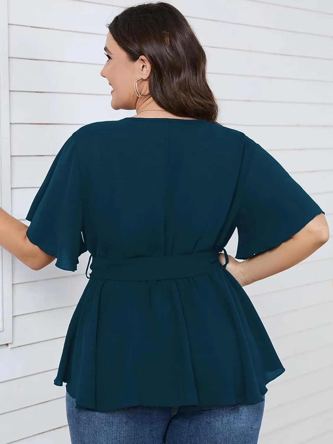 SCOMCHIC Women's Plus Size Short Sleeve V Neck Wrap Belted Ruffle Peplum Blouse Tops