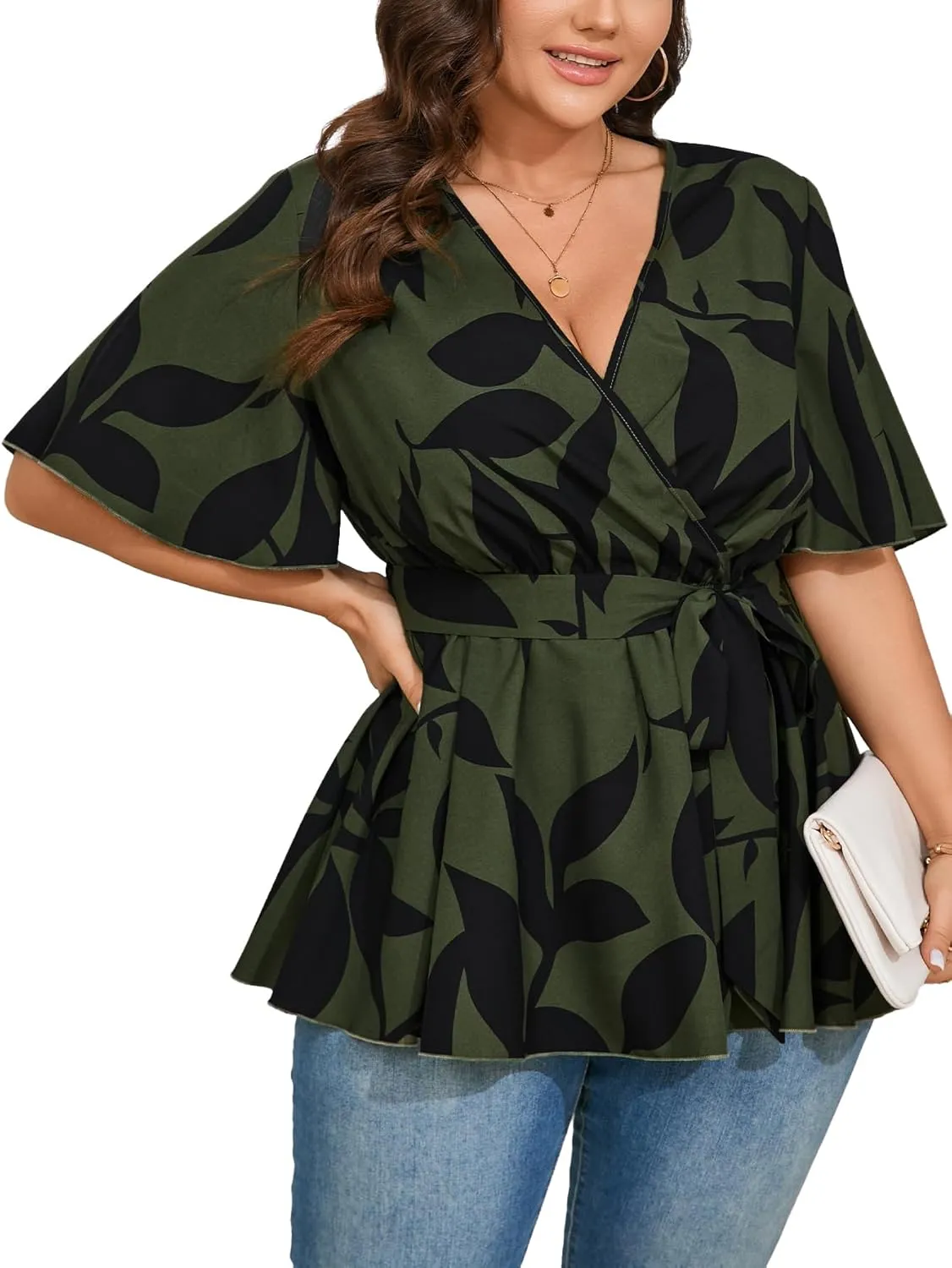 SCOMCHIC Women's Plus Size Short Sleeve V Neck Wrap Belted Ruffle Peplum Blouse Tops