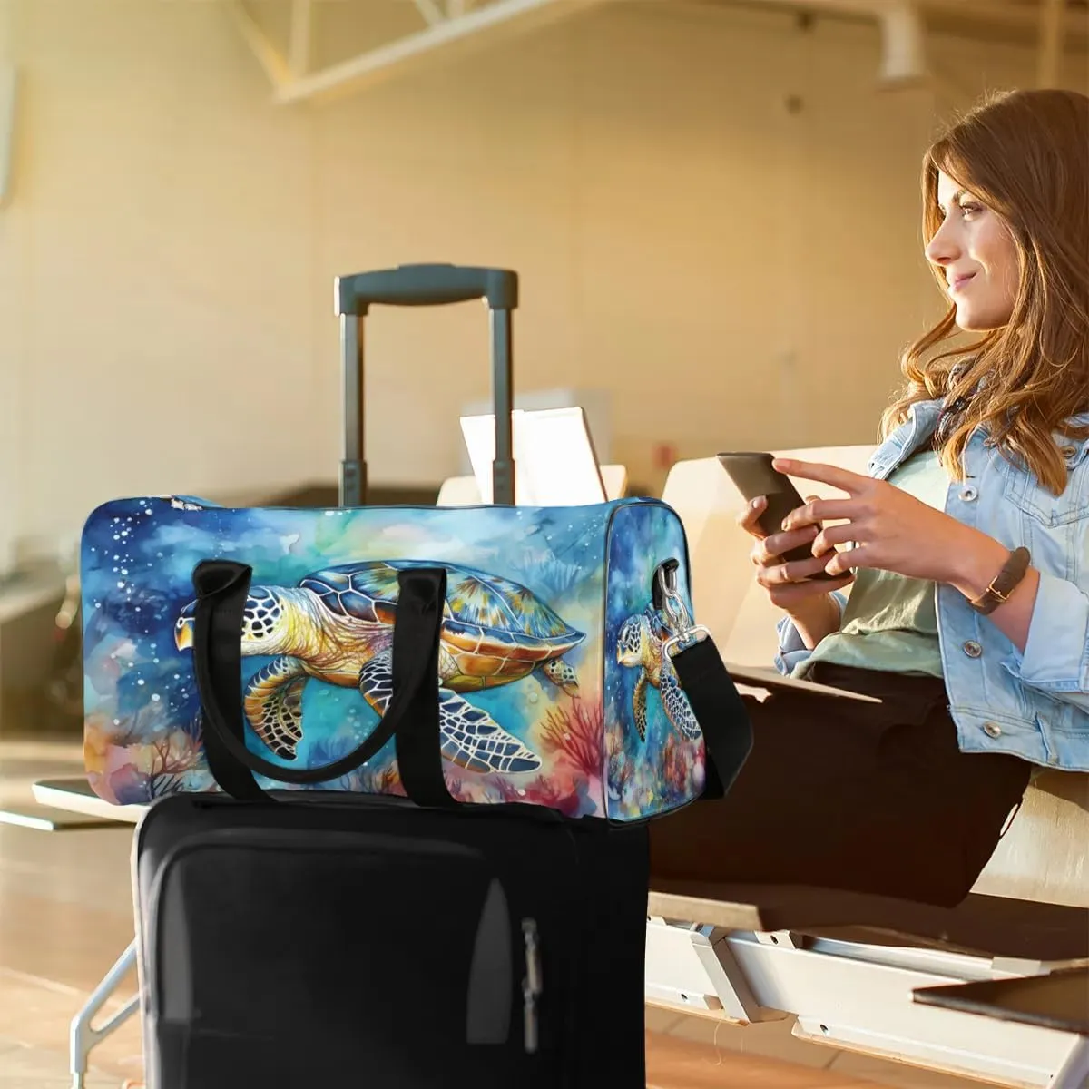 Sea turtle Travel Duffel Bag for Women Men Waterproof Foldable Overnight Weekender Bag Large Capacity Sports Gym Bag