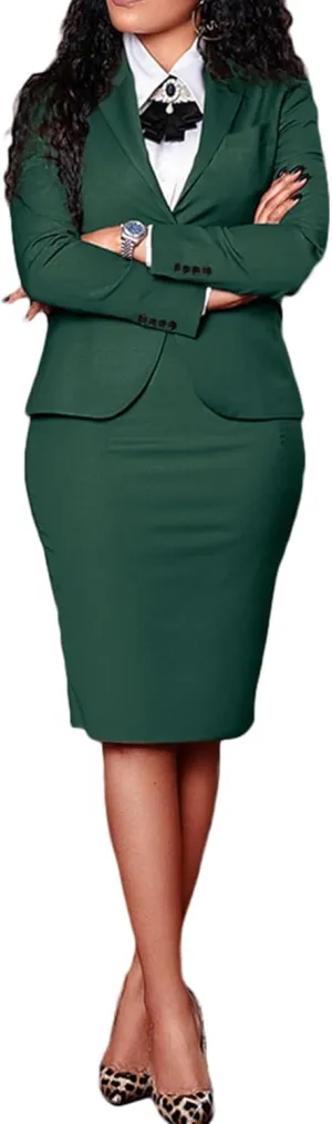 Seltaon Women's 2 Piece Suit Skirt Set Business Office Work Outfit Blazer Jackets Midi Pencil Skirt Suits Plus Size