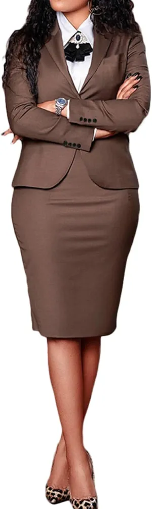 Seltaon Women's 2 Piece Suit Skirt Set Business Office Work Outfit Blazer Jackets Midi Pencil Skirt Suits Plus Size