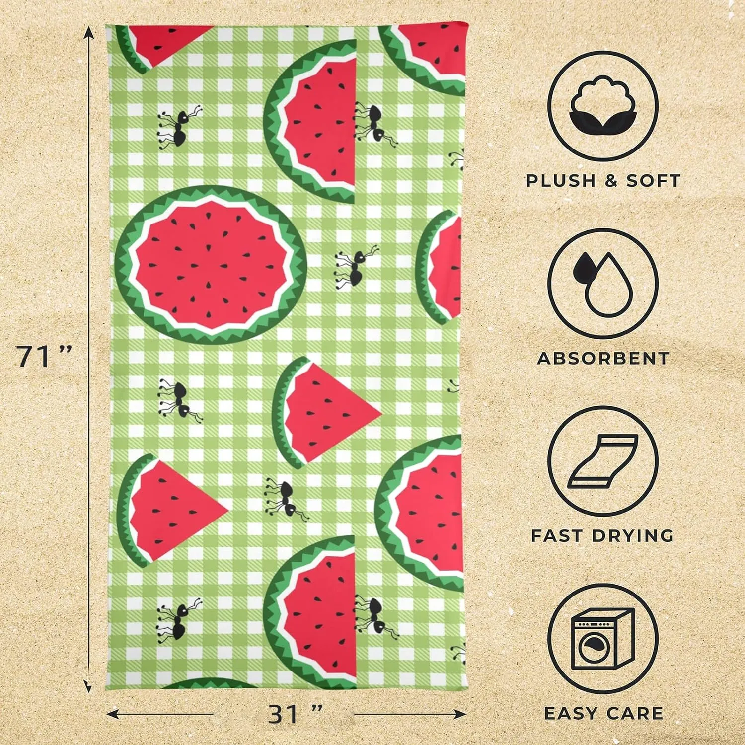 senya Beach Towel Beach Blanket Mat 71”x 31” Cute Ants Slices Juicy Watermelon Pool Towel Portable for Beach Festival Picnic Travel Outdoor Camping