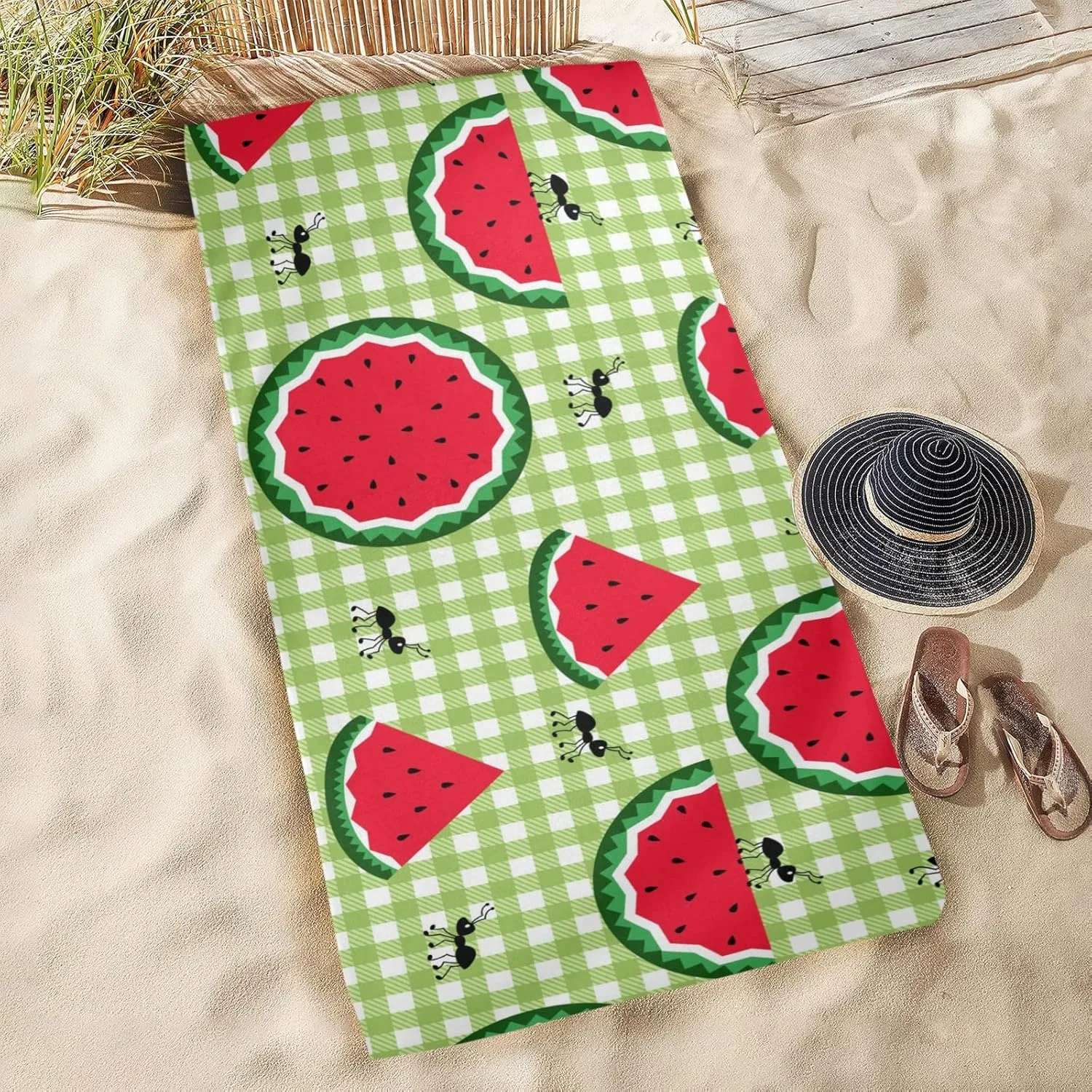 senya Beach Towel Beach Blanket Mat 71”x 31” Cute Ants Slices Juicy Watermelon Pool Towel Portable for Beach Festival Picnic Travel Outdoor Camping