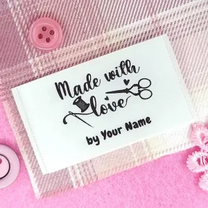 Set of 100pcs Personalized Fabric Label Custom Logo Sewing Clothing tag Made with Love Sewing Tools Design White Silky Satin Flat sew in end fold Washable Label, White, Black, W66mm x L30mm