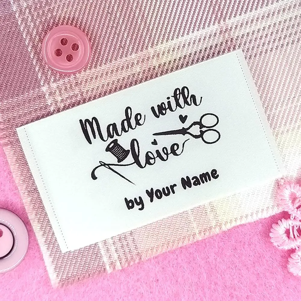 Set of 100pcs Personalized Fabric Label Custom Logo Sewing Clothing tag Made with Love Sewing Tools Design White Silky Satin Flat sew in end fold Washable Label, White, Black, W66mm x L30mm