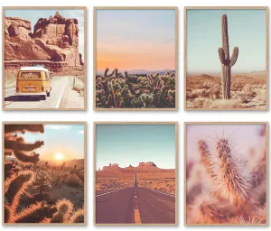 Set of 6 - Vintage Desert Photography prints, UNFRAMED, Classic Van, Cactus, Route 66 Road, Sunset, Wall Art Decor Posters, All Sizes (8x10)