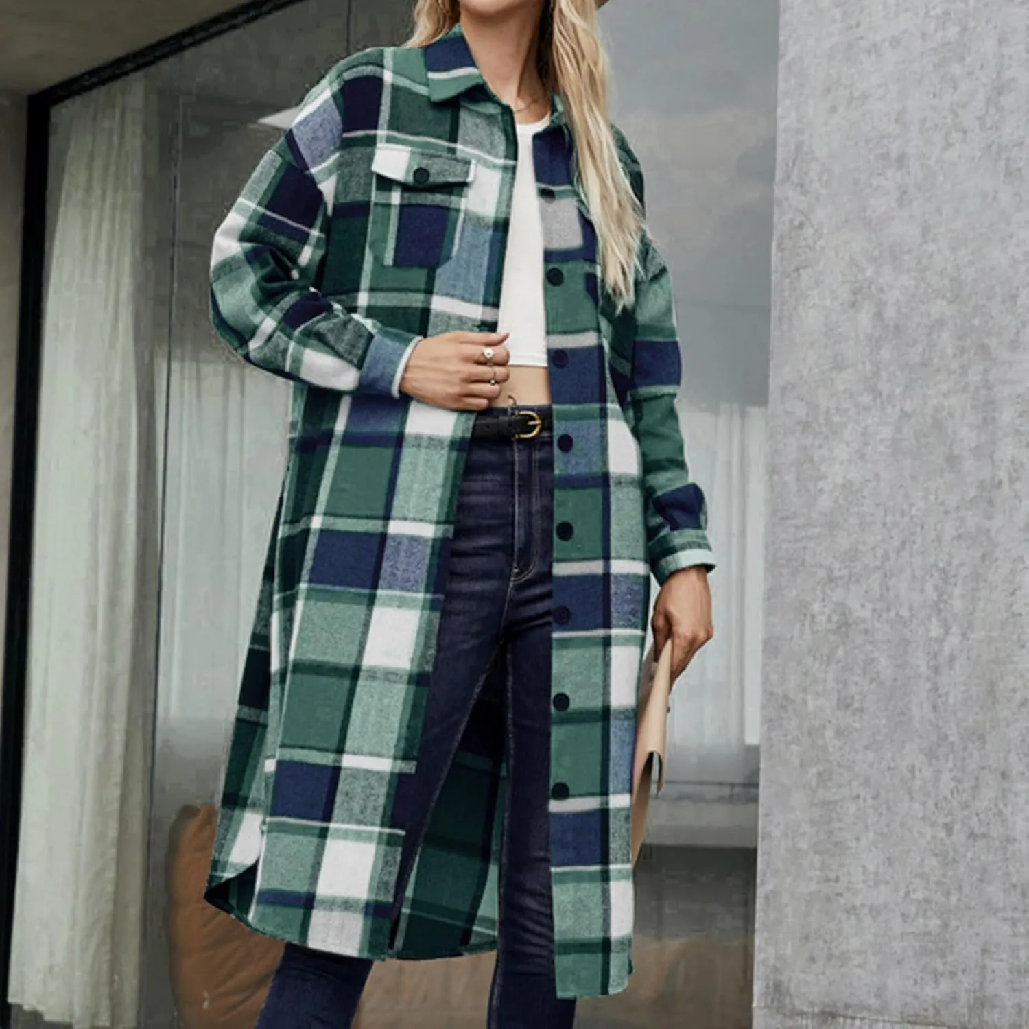 Shackets for Women 2023 with Pockets Long Sleeve Button Up Open Front Plaid Cardigan Tops Loose Fit Casual Fashion Outerwear