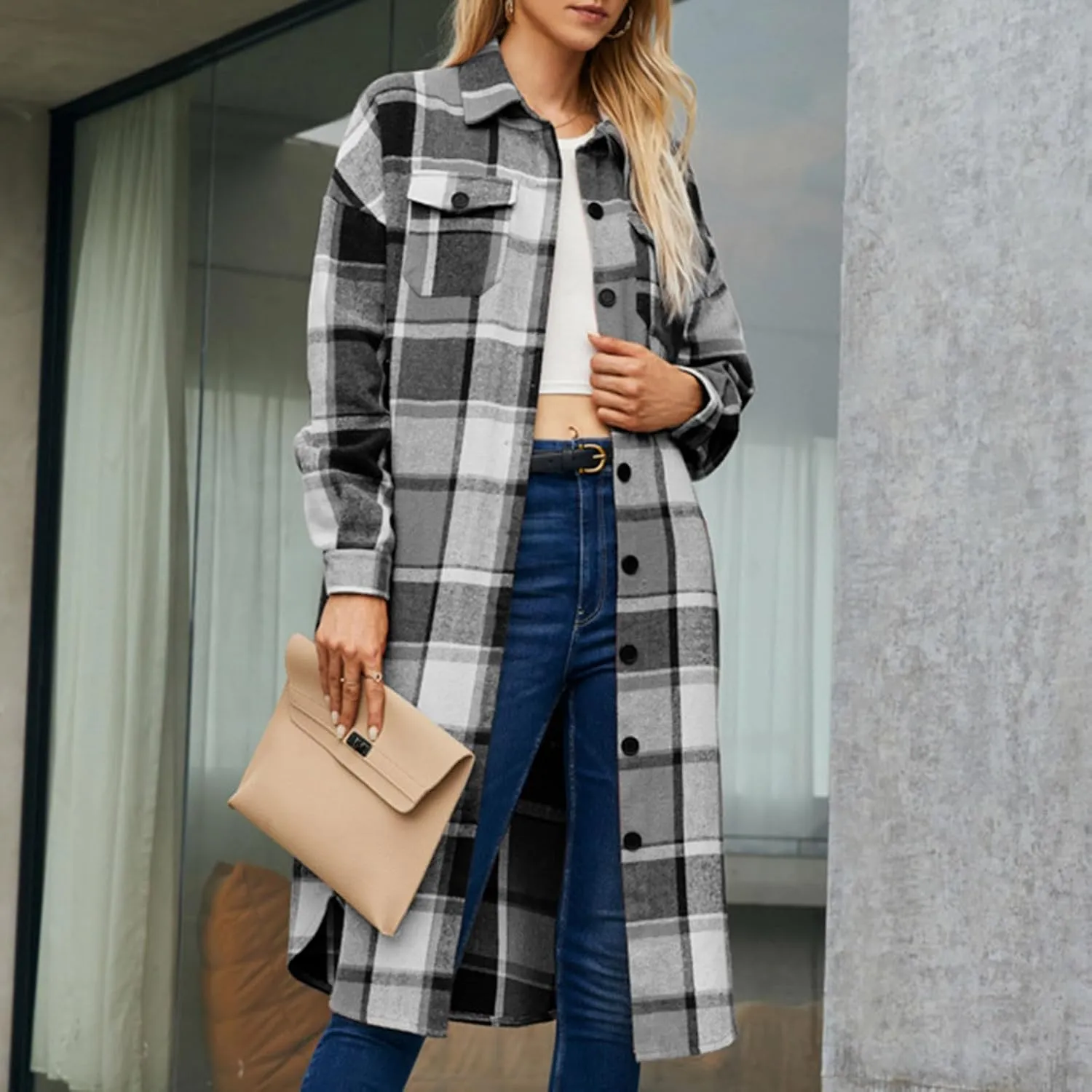 Shackets for Women 2023 with Pockets Long Sleeve Button Up Open Front Plaid Cardigan Tops Loose Fit Casual Fashion Outerwear