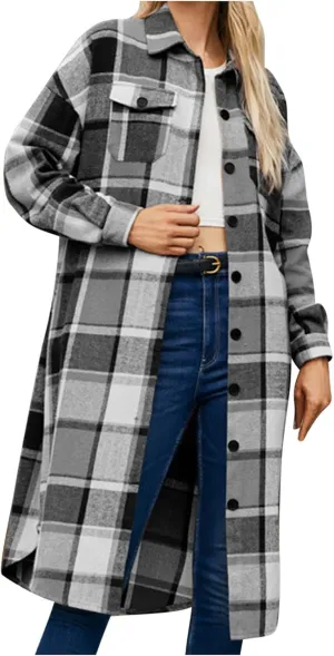 Shackets for Women 2023 with Pockets Long Sleeve Button Up Open Front Plaid Cardigan Tops Loose Fit Casual Fashion Outerwear