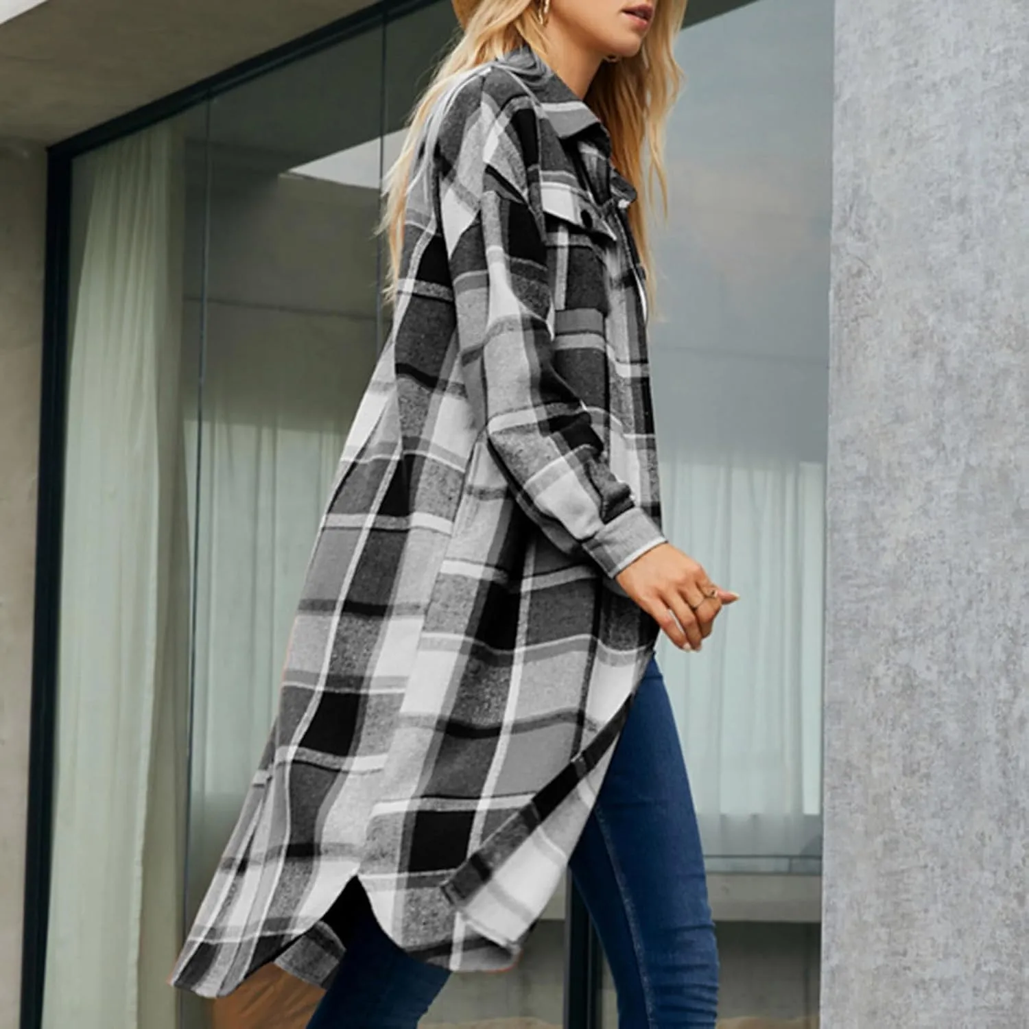 Shackets for Women 2023 with Pockets Long Sleeve Button Up Open Front Plaid Cardigan Tops Loose Fit Casual Fashion Outerwear