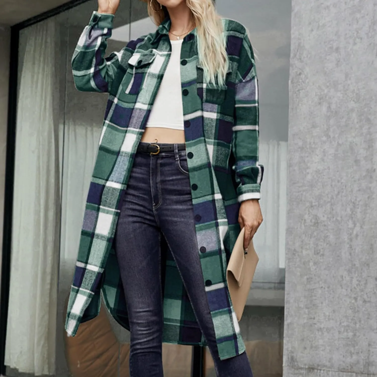 Shackets for Women 2023 with Pockets Long Sleeve Button Up Open Front Plaid Cardigan Tops Loose Fit Casual Fashion Outerwear