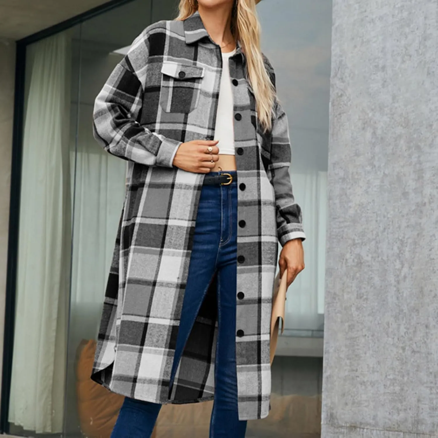 Shackets for Women 2023 with Pockets Long Sleeve Button Up Open Front Plaid Cardigan Tops Loose Fit Casual Fashion Outerwear
