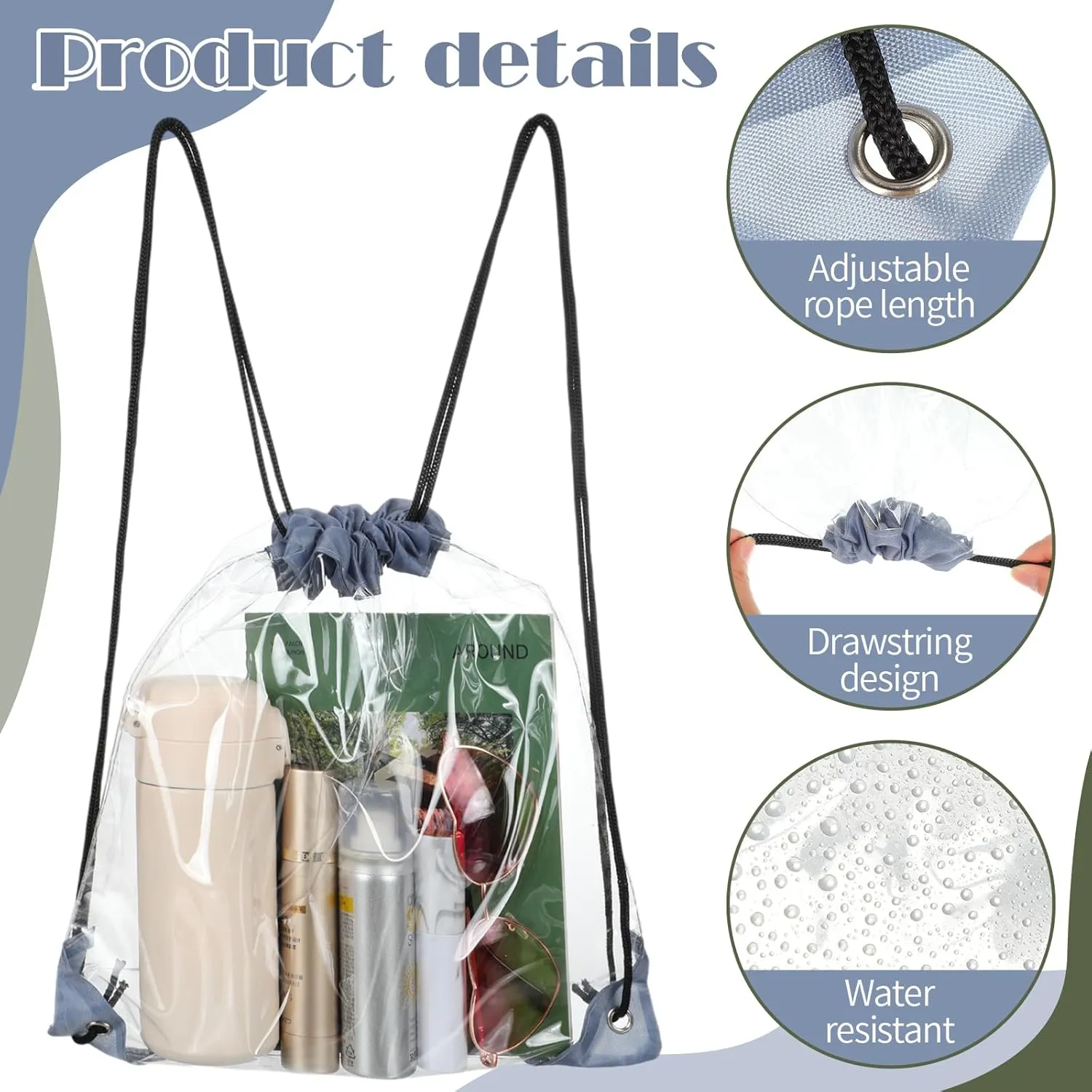 Shappy 30 Pieces Clear Drawstring Backpack, Plastic Waterproof Transparent Stadium Bags String Bag for Gym Travel(Gray)