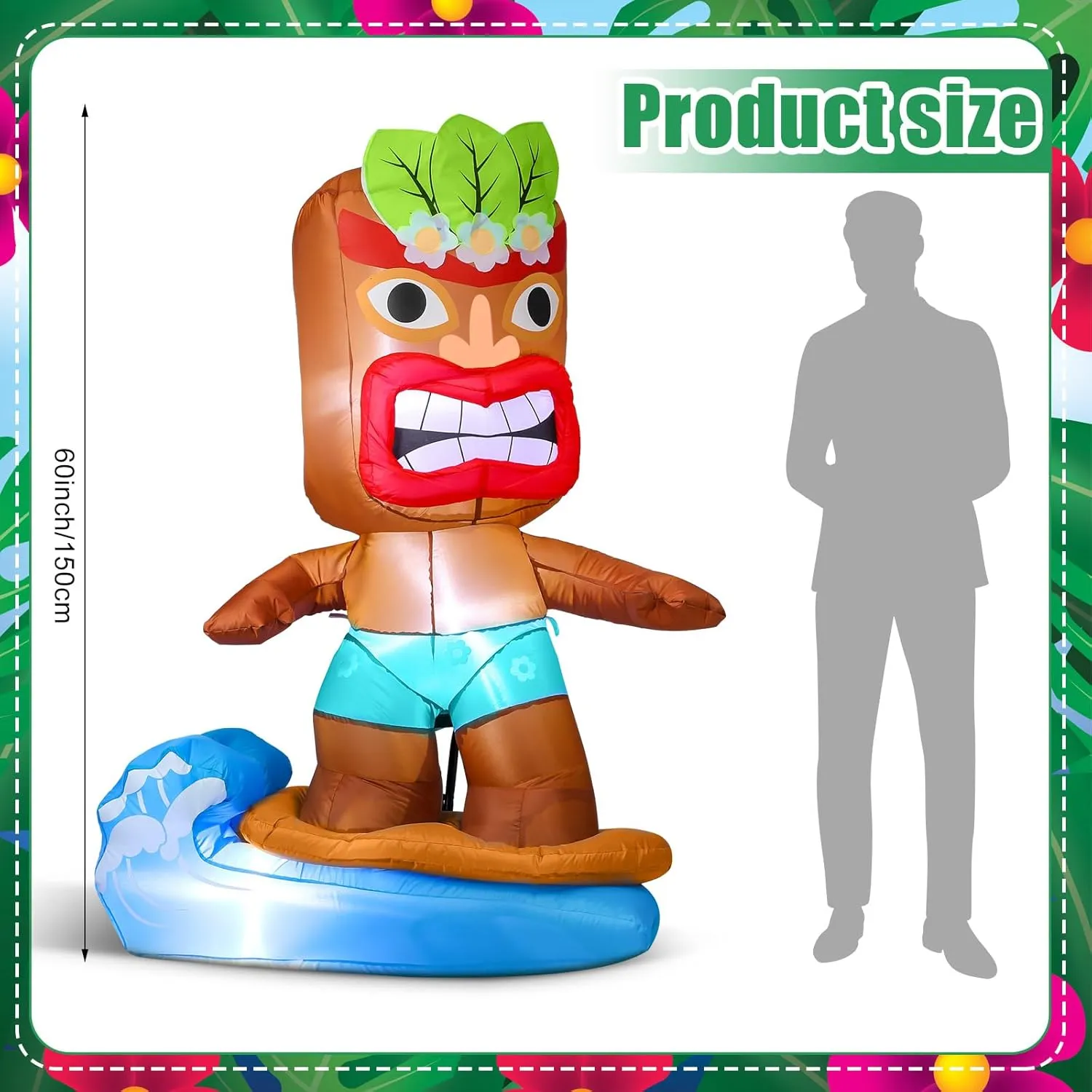 Shappy 5 Ft Inflatable Tiki Flamingo Surfboard Luau Hawaiian Party Decorations Summer Inflatables Outdoor Tiki Blow Up Beach Tropical Pool Surfing Party Supplies(Surfboard)