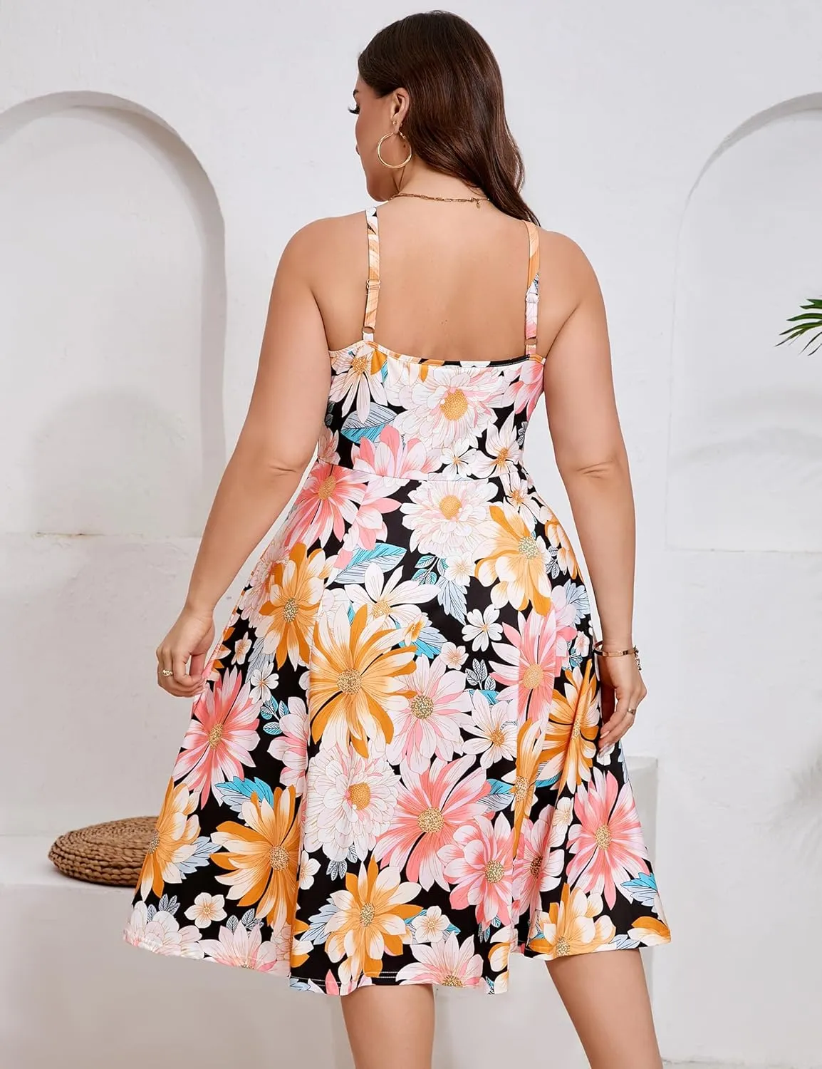 ShopWonder Womens Plus Size Summer Dress V Neck Floral Spaghetti Strap Sundress Button Down Pleated Swing Boho Midi Dress