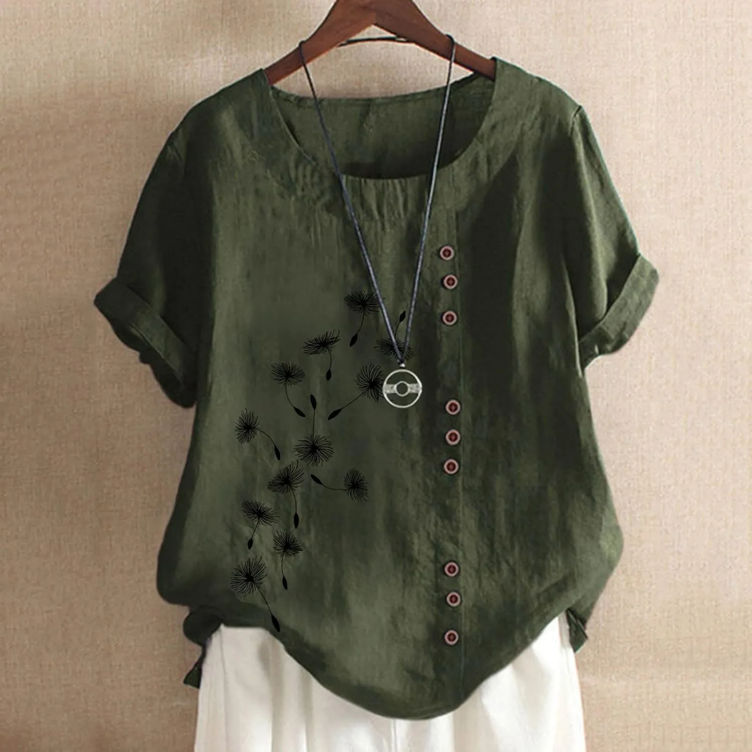 Short Sleeve Casual Shirts for Women Flower Print Button Crew Neck Cotton Linen Top 2023 Fashion Office Work Blouse
