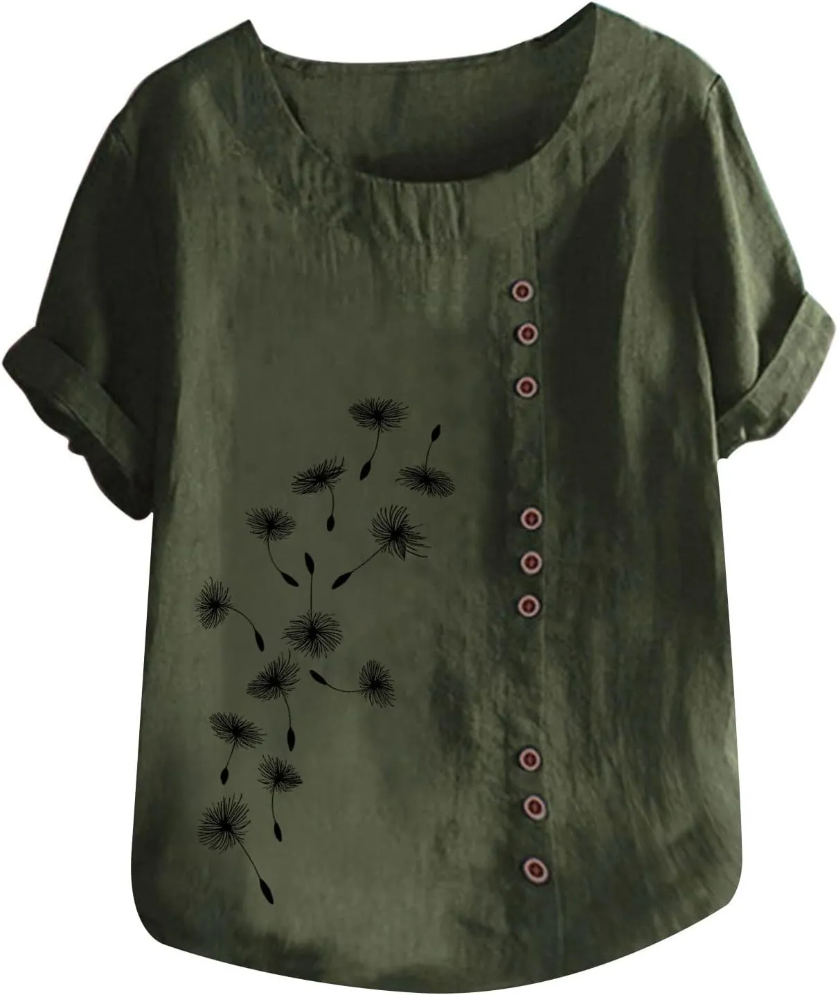 Short Sleeve Casual Shirts for Women Flower Print Button Crew Neck Cotton Linen Top 2023 Fashion Office Work Blouse