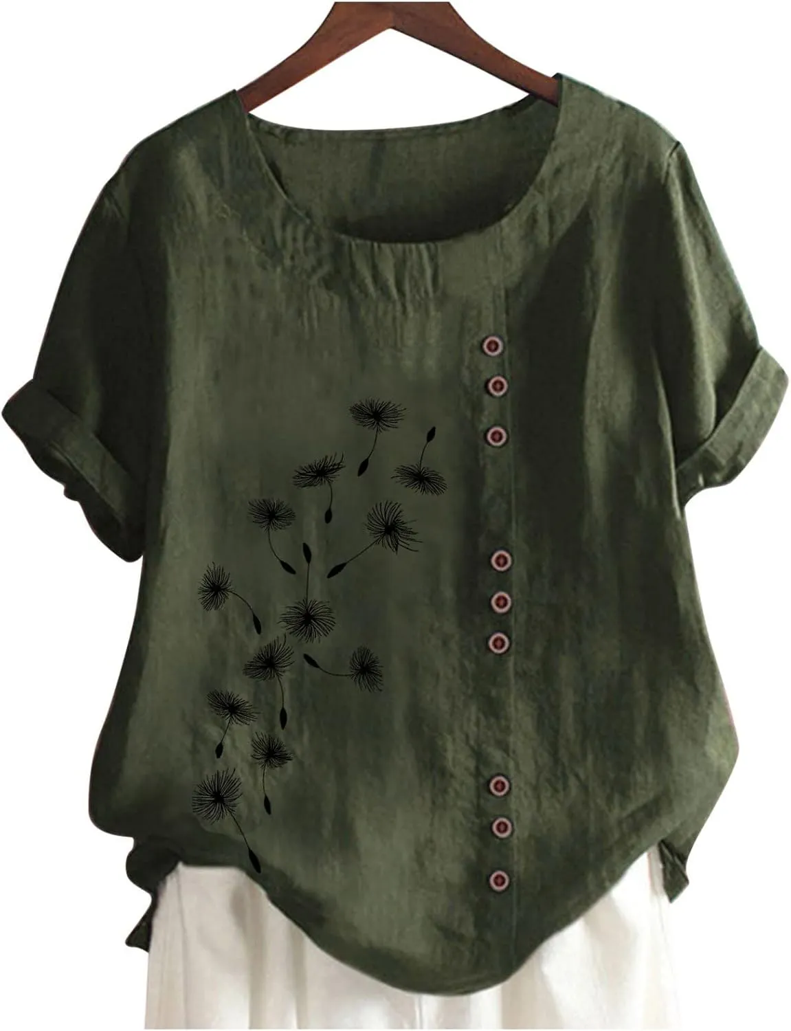 Short Sleeve Casual Shirts for Women Flower Print Button Crew Neck Cotton Linen Top 2023 Fashion Office Work Blouse