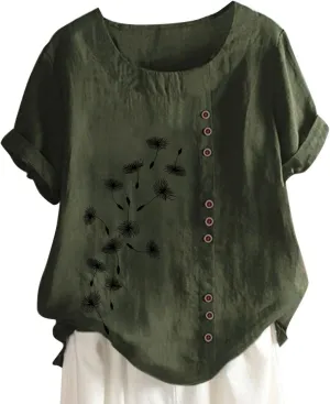 Short Sleeve Casual Shirts for Women Flower Print Button Crew Neck Cotton Linen Top 2023 Fashion Office Work Blouse