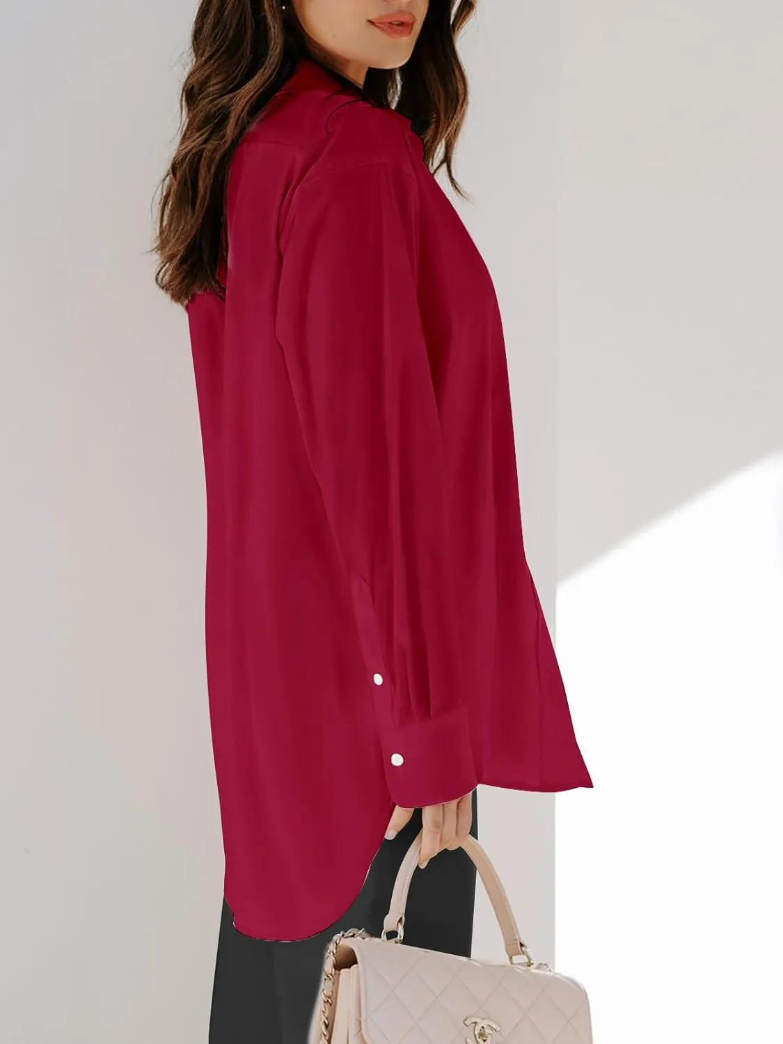 siliteelon Womens Button Down Shirts Dress Shirts Long Sleeve Blouses V Neck Solid Casual Tunics Tops with Pockets
