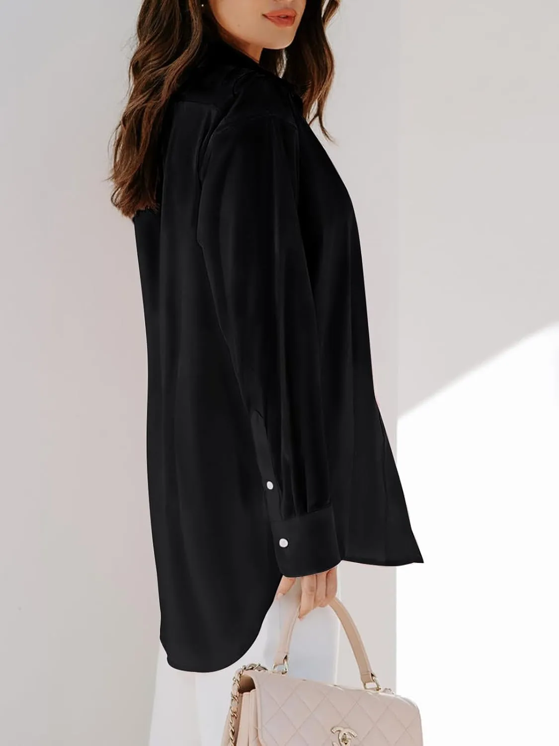 siliteelon Womens Button Down Shirts Dress Shirts Long Sleeve Blouses V Neck Solid Casual Tunics Tops with Pockets