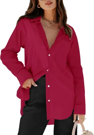 siliteelon Womens Button Down Shirts Dress Shirts Long Sleeve Blouses V Neck Solid Casual Tunics Tops with Pockets