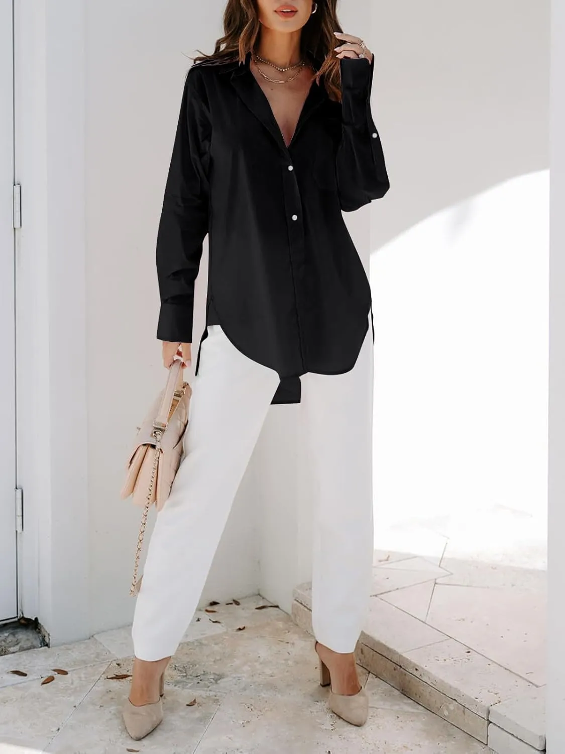 siliteelon Womens Button Down Shirts Dress Shirts Long Sleeve Blouses V Neck Solid Casual Tunics Tops with Pockets