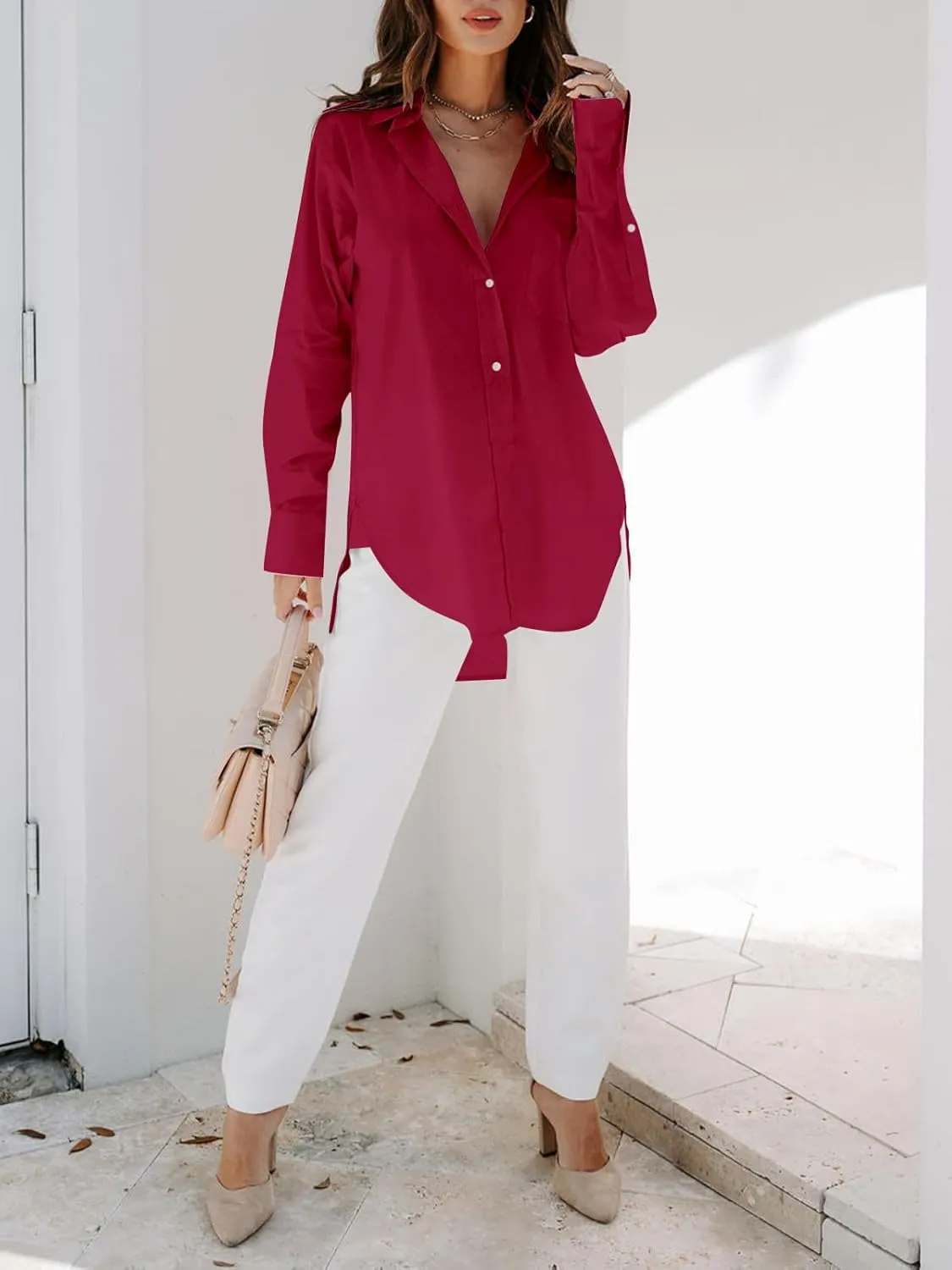 siliteelon Womens Button Down Shirts Dress Shirts Long Sleeve Blouses V Neck Solid Casual Tunics Tops with Pockets