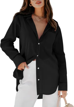 siliteelon Womens Button Down Shirts Dress Shirts Long Sleeve Blouses V Neck Solid Casual Tunics Tops with Pockets