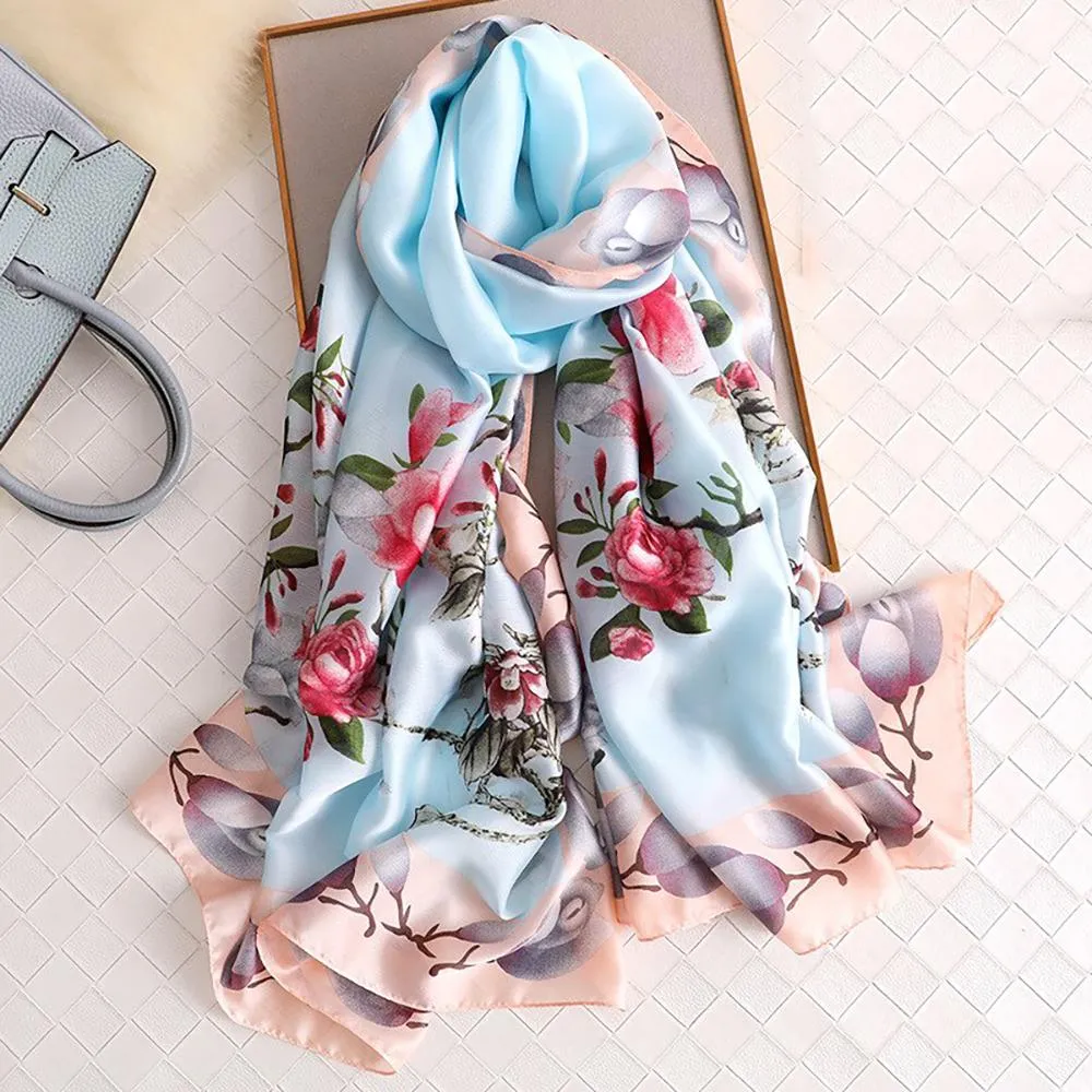 Silk Scarf-Luxurious Delicate Peacock & Floral Hair Wrap Silky Vibrant Scarves