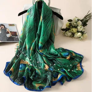 Silk Scarf-Luxurious Delicate Peacock & Floral Hair Wrap Silky Vibrant Scarves