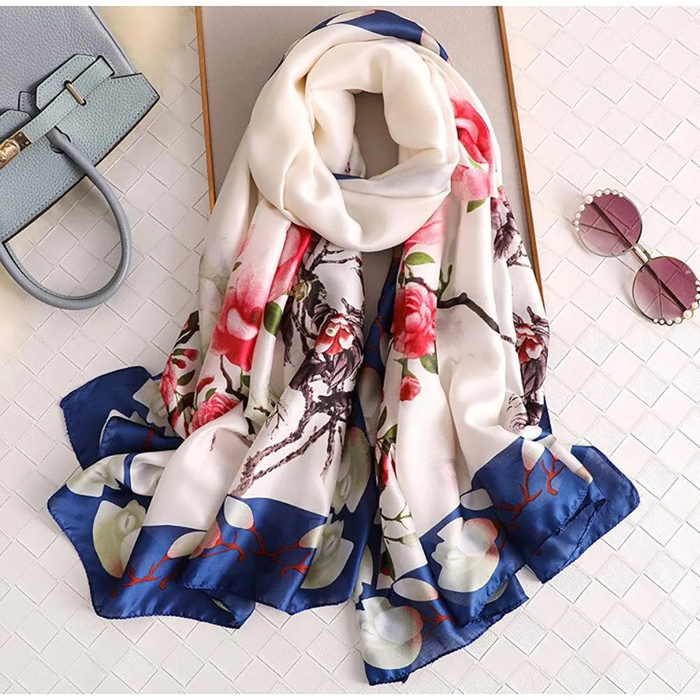 Silk Scarf-Luxurious Delicate Peacock & Floral Hair Wrap Silky Vibrant Scarves