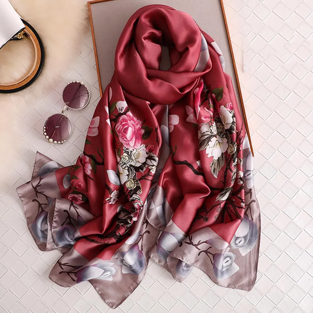 Silk Scarf-Luxurious Delicate Peacock & Floral Hair Wrap Silky Vibrant Scarves